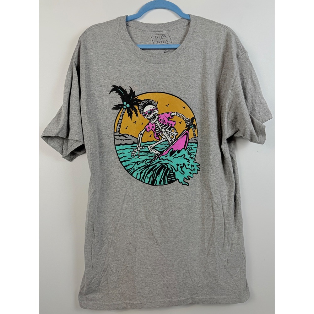 Return To Sender Mens Large Grey Good Vibes Surfing Skeleton Graphic T-Shirt L